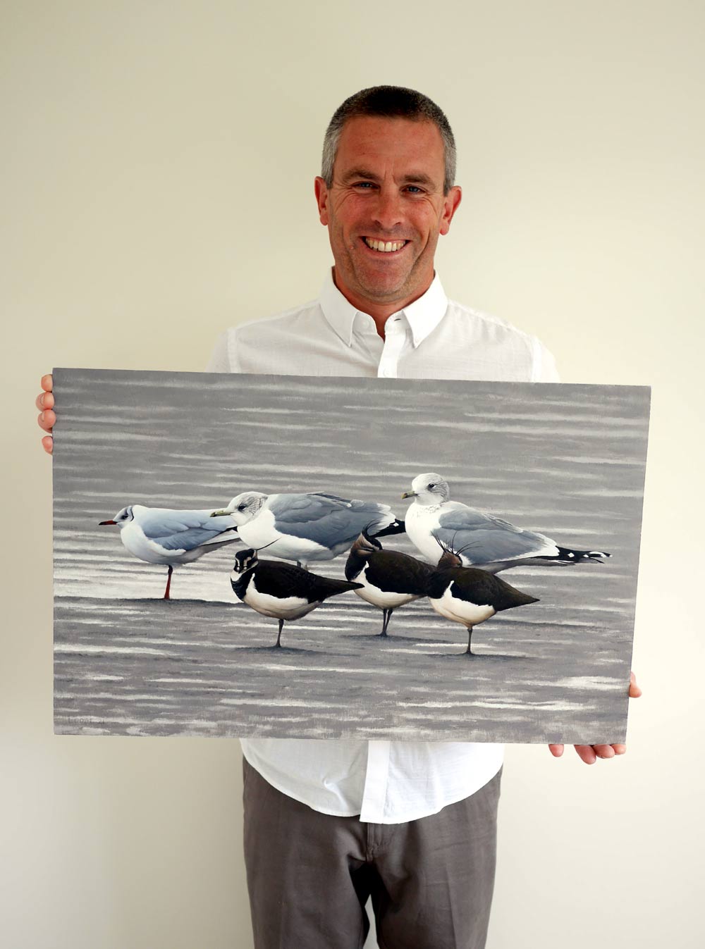 Common and Black Headed Gulls with Lapwing - An Original Oil Painting By Bird Artist Chris Lodge